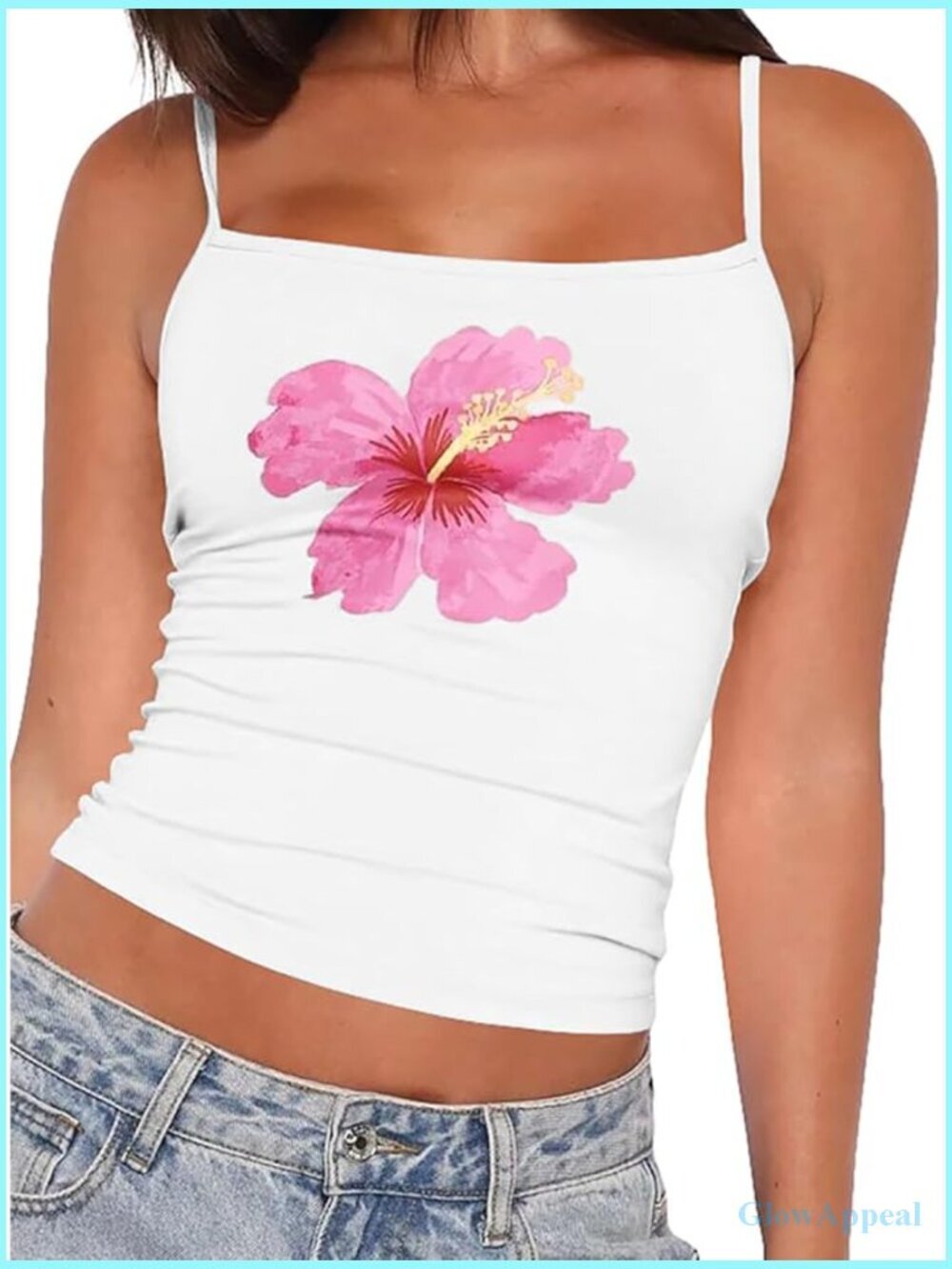 Y2k Floral Graphic Square Neck Crop Tank Top Fitted Backless Spaghetti Strap